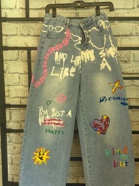 Painted Light Blue Wide-Leg Women’s Jeans with Colorful Graphic Art